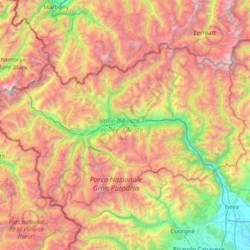 Topografische kaart Valle d'Aosta, hoogte, reliëf