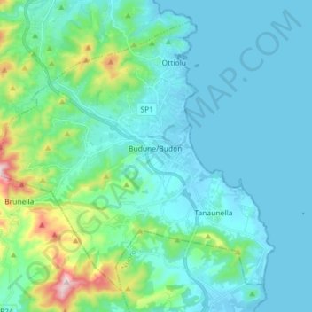 Topografische kaart Budoni, hoogte, reliëf