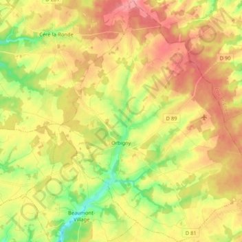 Topografische kaart Orbigny, hoogte, reliëf