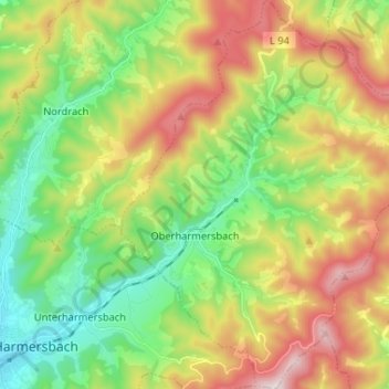 Topografische kaart Oberharmersbach, hoogte, reliëf