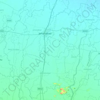 Topografische kaart Jehanabad District, hoogte, reliëf