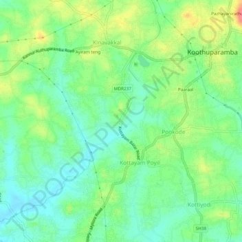 Topografische kaart Kottayam, hoogte, reliëf