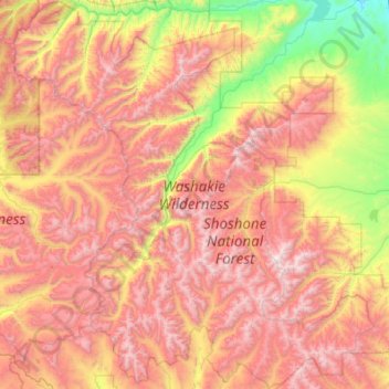 Topografische kaart Washakie Wilderness Area, hoogte, reliëf