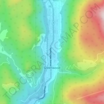 Topografische kaart Greenwood, hoogte, reliëf
