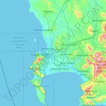 Topografische kaart Stad Kaapstad, hoogte, reliëf