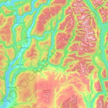 Topografische kaart Regional District of North Okanagan, hoogte, reliëf