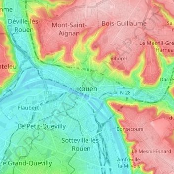 Topografische kaart Rouen, hoogte, reliëf