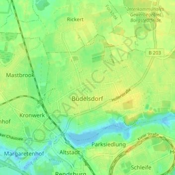 Topografische kaart Büdelsdorf, hoogte, reliëf