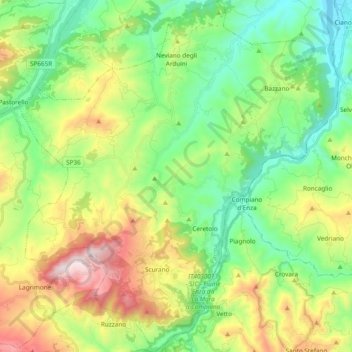 Topografische kaart Neviano degli Arduini, hoogte, reliëf