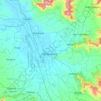 Topografische kaart Anantnag, hoogte, reliëf