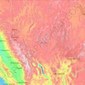 Topografische kaart Nevada, hoogte, reliëf