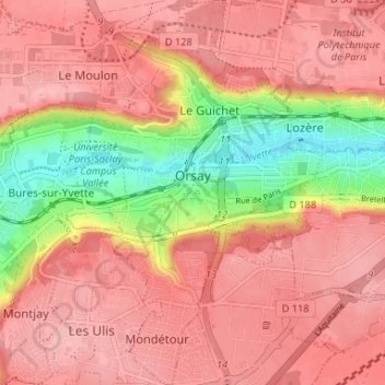 Topografische kaart Orsay, hoogte, reliëf