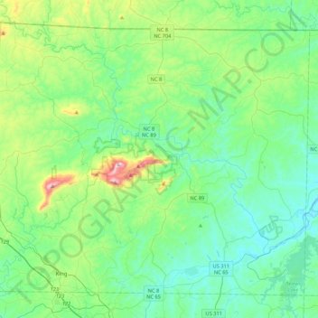 Topografische kaart Stokes County, hoogte, reliëf