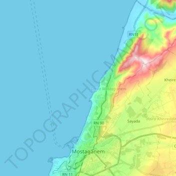 Topografische kaart Mostaganem ⵎⵓⵙⵜⵖⴰⵏⴻⵎ مستغانم, hoogte, reliëf