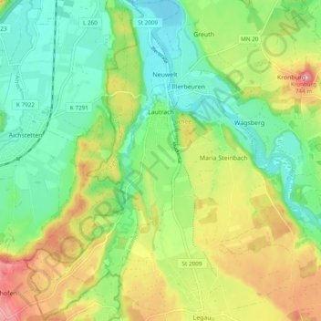 Topografische kaart Lautrach, hoogte, reliëf