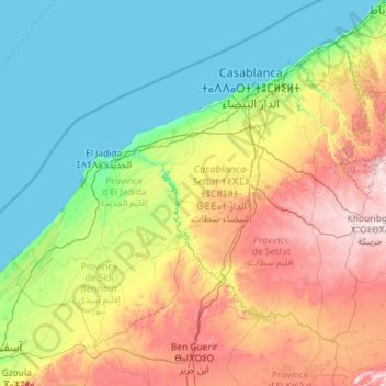 Topografische kaart Casablanca-Settat ⵜⵉⴳⵎⵉ ⵜⵓⵎⵍⵉⵍⵜ-ⵙⵟⵟⴰⵜ الدار البيضاء-سطات, hoogte, reliëf