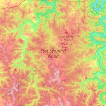 Topografische kaart Fort Leonard Wood, hoogte, reliëf