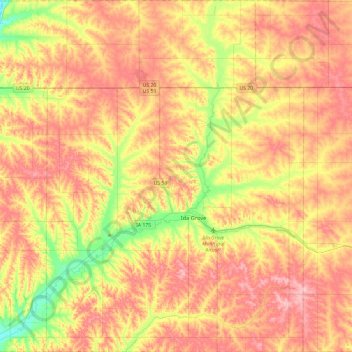 Topografische kaart Ida County, hoogte, reliëf