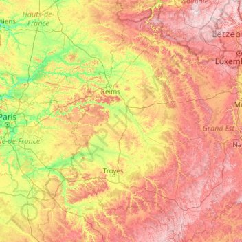 Topografische kaart Champagne-Ardenne, hoogte, reliëf