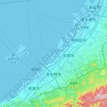 Topografische kaart 泉佐野市, hoogte, reliëf