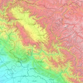 Topografische kaart Jammu en Kasjmir, hoogte, reliëf