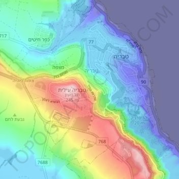 Topografische kaart Tiberias, hoogte, reliëf