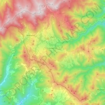 Topografische kaart Zeri, hoogte, reliëf