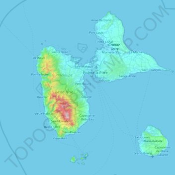 Topografische kaart Guadeloupe, hoogte, reliëf