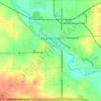 Topografische kaart Charles City, hoogte, reliëf