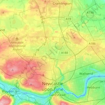 Topografische kaart Newcastle upon Tyne, hoogte, reliëf