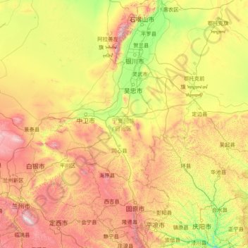 Topografische kaart Ningxia, hoogte, reliëf
