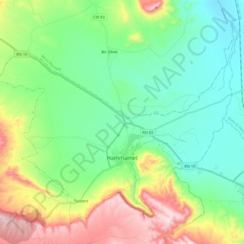 Topografische kaart Hammamet, hoogte, reliëf