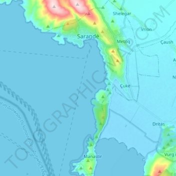Topografische kaart Sarandë, hoogte, reliëf