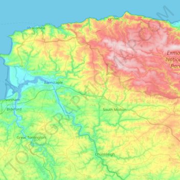 Topografische kaart North Devon, hoogte, reliëf