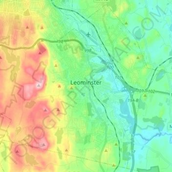 Topografische kaart Leominster, hoogte, reliëf