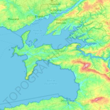 Topografische kaart Communauté de communes Presqu’île de Crozon-Aulne Maritime, hoogte, reliëf