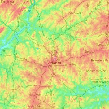 Topografische kaart Atlanta, hoogte, reliëf