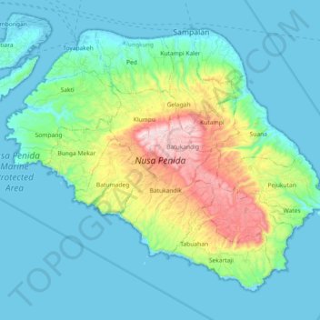 Topografische kaart Nusa Penida, hoogte, reliëf