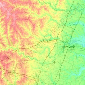 Topografische kaart Nash County, hoogte, reliëf