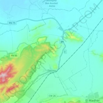 Topografische kaart Djerma, hoogte, reliëf