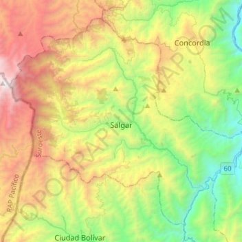 Topografische kaart Salgar, hoogte, reliëf