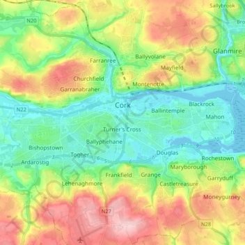 Topografische kaart Cork City, hoogte, reliëf