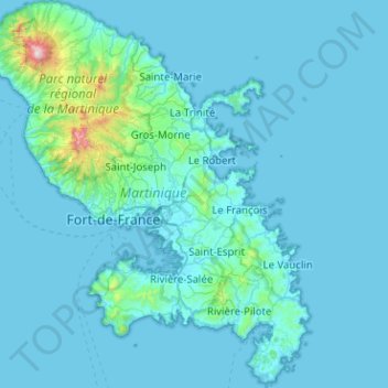 Topografische kaart Martinique, hoogte, reliëf