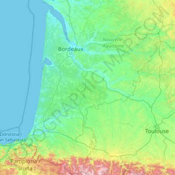 Topografische kaart Aquitaine, hoogte, reliëf