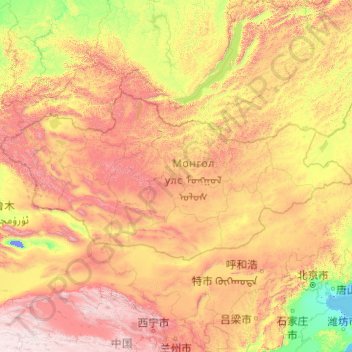 Topografische kaart Mongolië, hoogte, reliëf