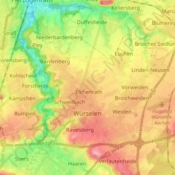 Topografische kaart Würselen, hoogte, reliëf