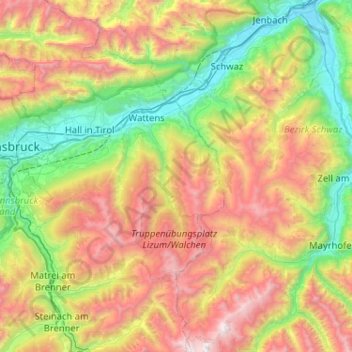 Topografische kaart Tux Alps, hoogte, reliëf