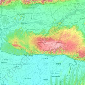 Topografische kaart Meghalaya, hoogte, reliëf