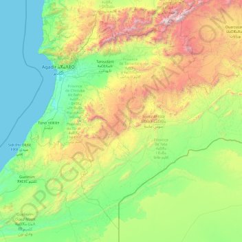 Topografische kaart Souss-Massa ⵙⵓⵙⵙ-ⵎⴰⵙⵙⴰ سوس-ماسة, hoogte, reliëf
