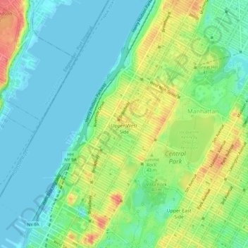 Topografische kaart Upper West Side, hoogte, reliëf